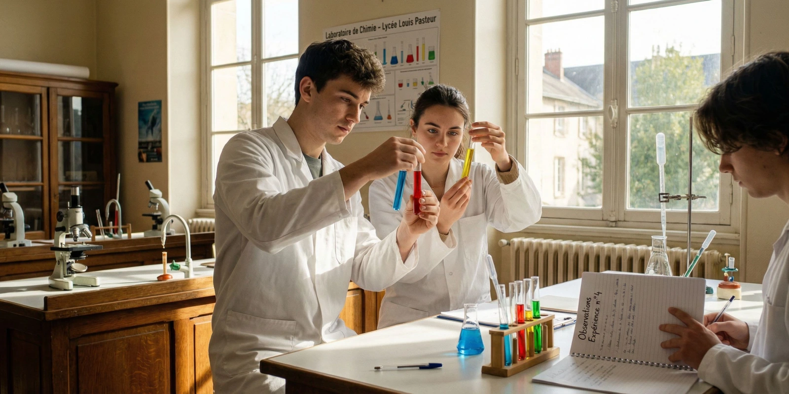 Lycées Bac STL : Carte Interactive et Classement des Meilleurs Établissements Élèves en blouse blanche manipulant du matériel de laboratoire dans un lycée STL